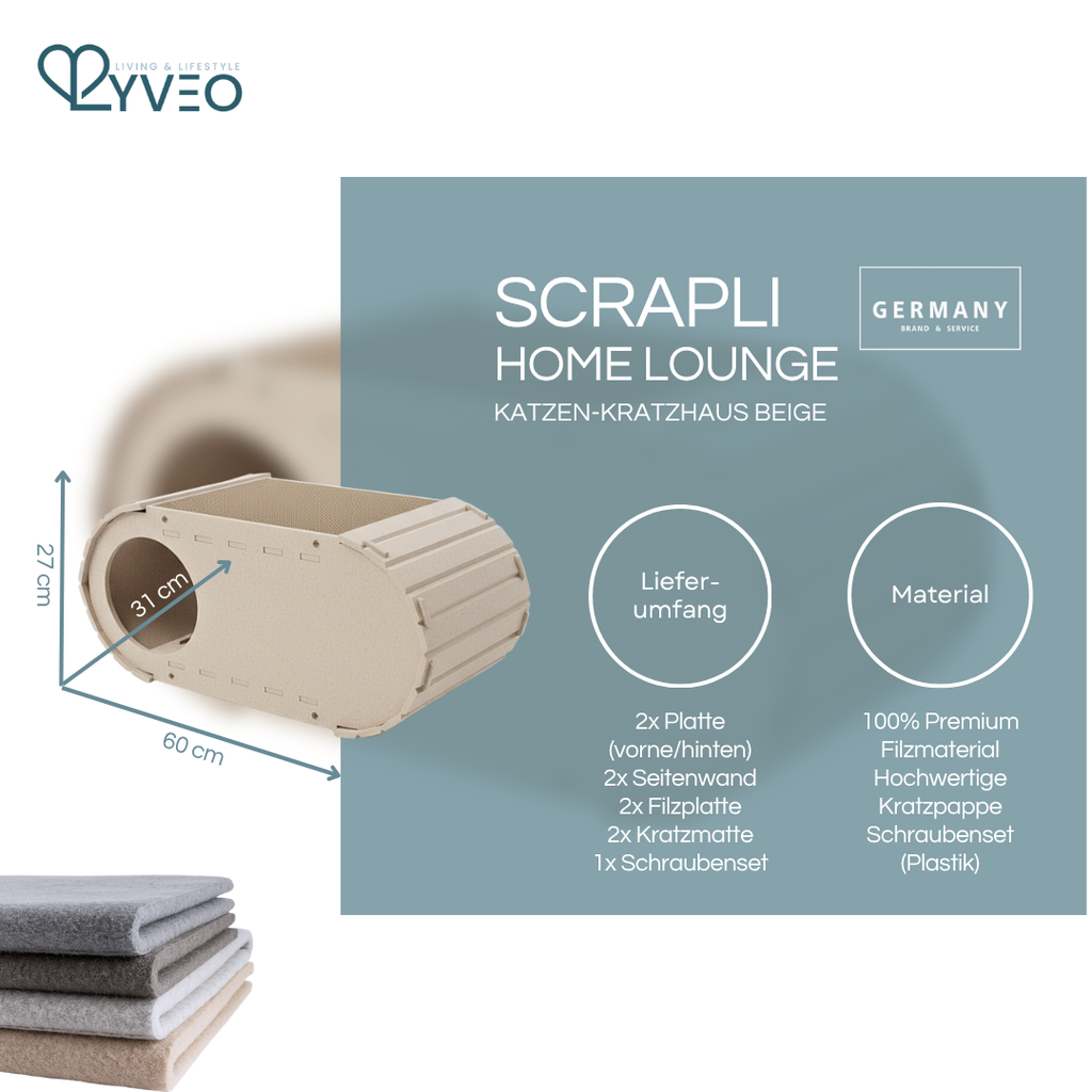 Lyveo SCRAPLI Home Lounge - Premium Katzen Kratzhaus aus Filz mit 2x Kratzpappe auswechselbar