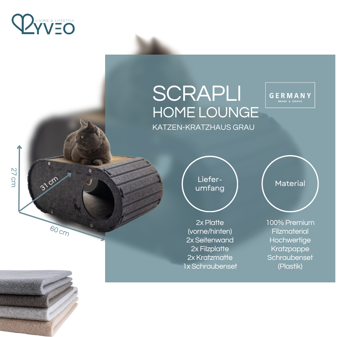 Lyveo SCRAPLI Home Lounge - Premium Katzen Kratzhaus aus Filz mit 2x Kratzpappe auswechselbar
