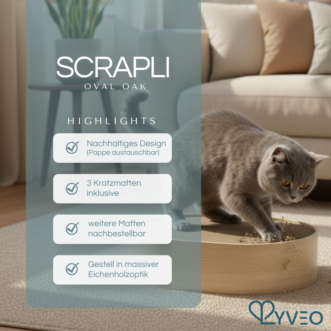 Lyveo Scrapli Oval - Holzoptik Katzen Kratzbett mit 3 Einlagen - wechselbar