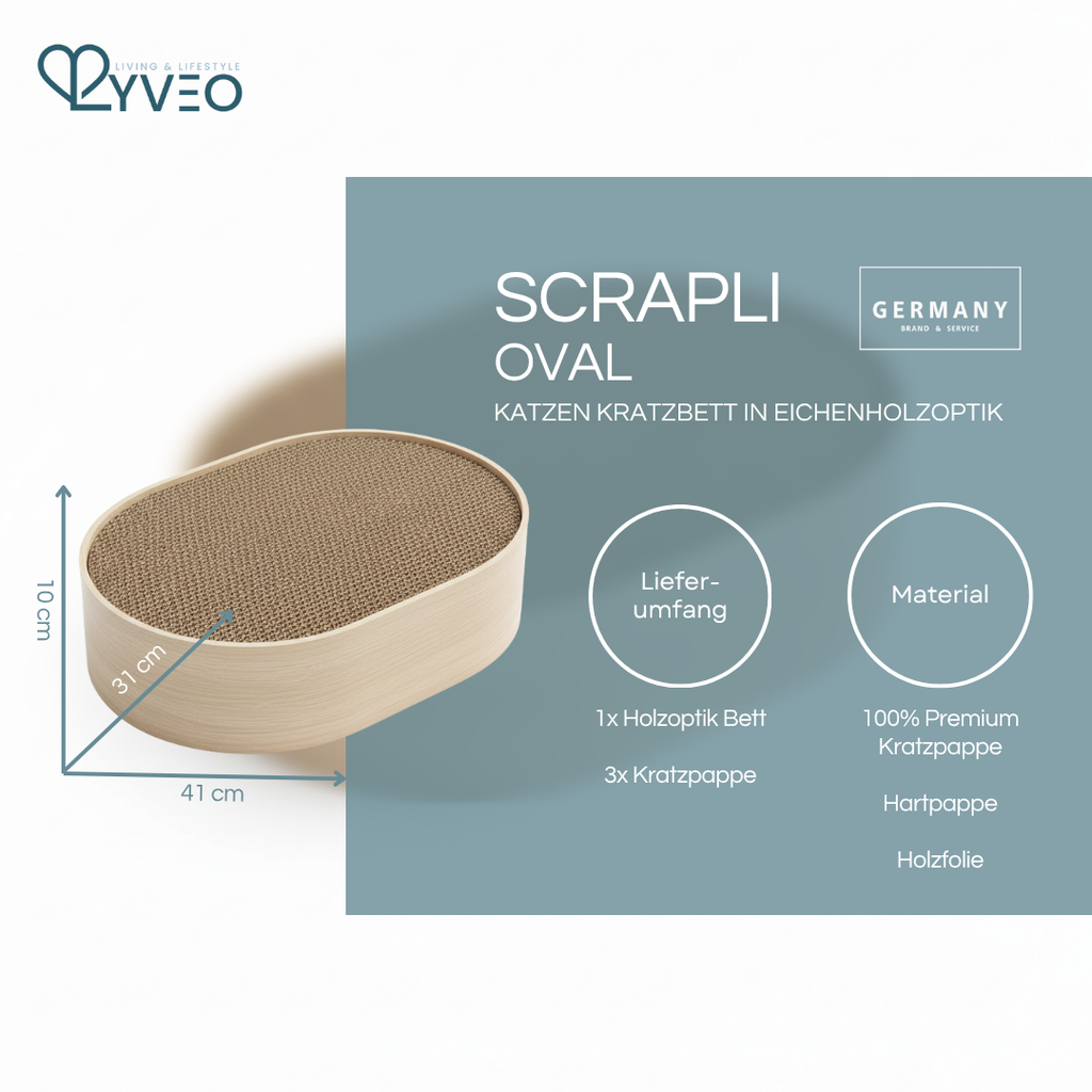 Lyveo Scrapli Oval - Holzoptik Katzen Kratzbett mit 3 Einlagen - wechselbar