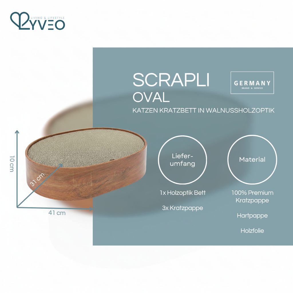 Lyveo Scrapli Oval - Holzoptik Katzen Kratzbett mit 3 Einlagen - wechselbar