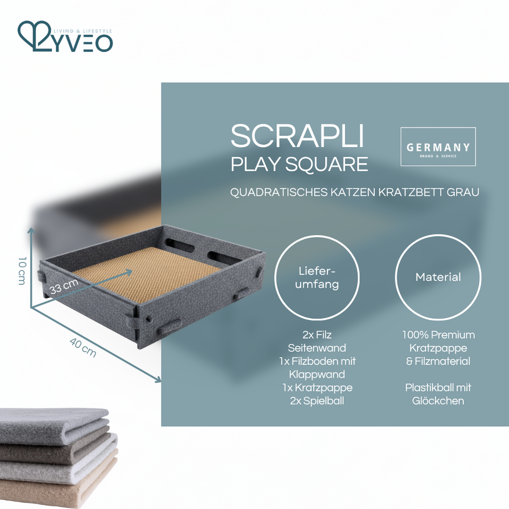 Lyveo SCRAPLI Play Square - Rechteckiges 3 in 1 Katzen Kratzbett mit Spielball
