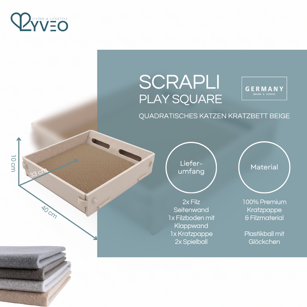 Lyveo SCRAPLI Play Square - Rechteckiges 3 in 1 Katzen Kratzbett mit Spielball