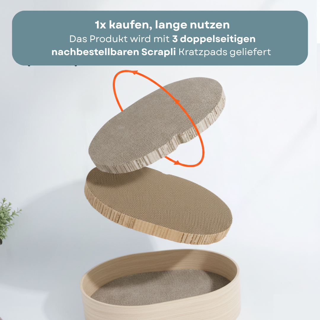 Lyveo Scrapli Oval - Holzoptik Katzen Kratzbett mit 3 Einlagen - wechselbar