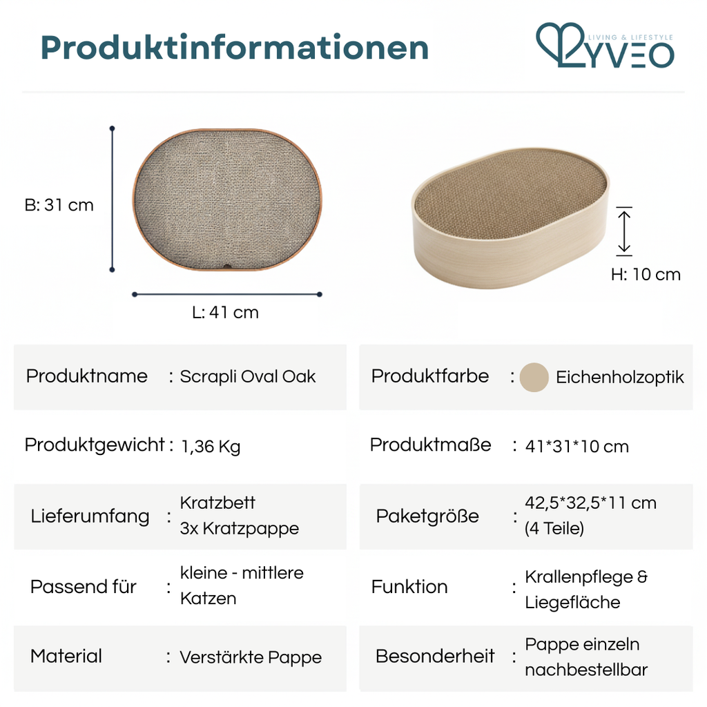 Lyveo Scrapli Oval - Holzoptik Katzen Kratzbett mit 3 Einlagen - wechselbar