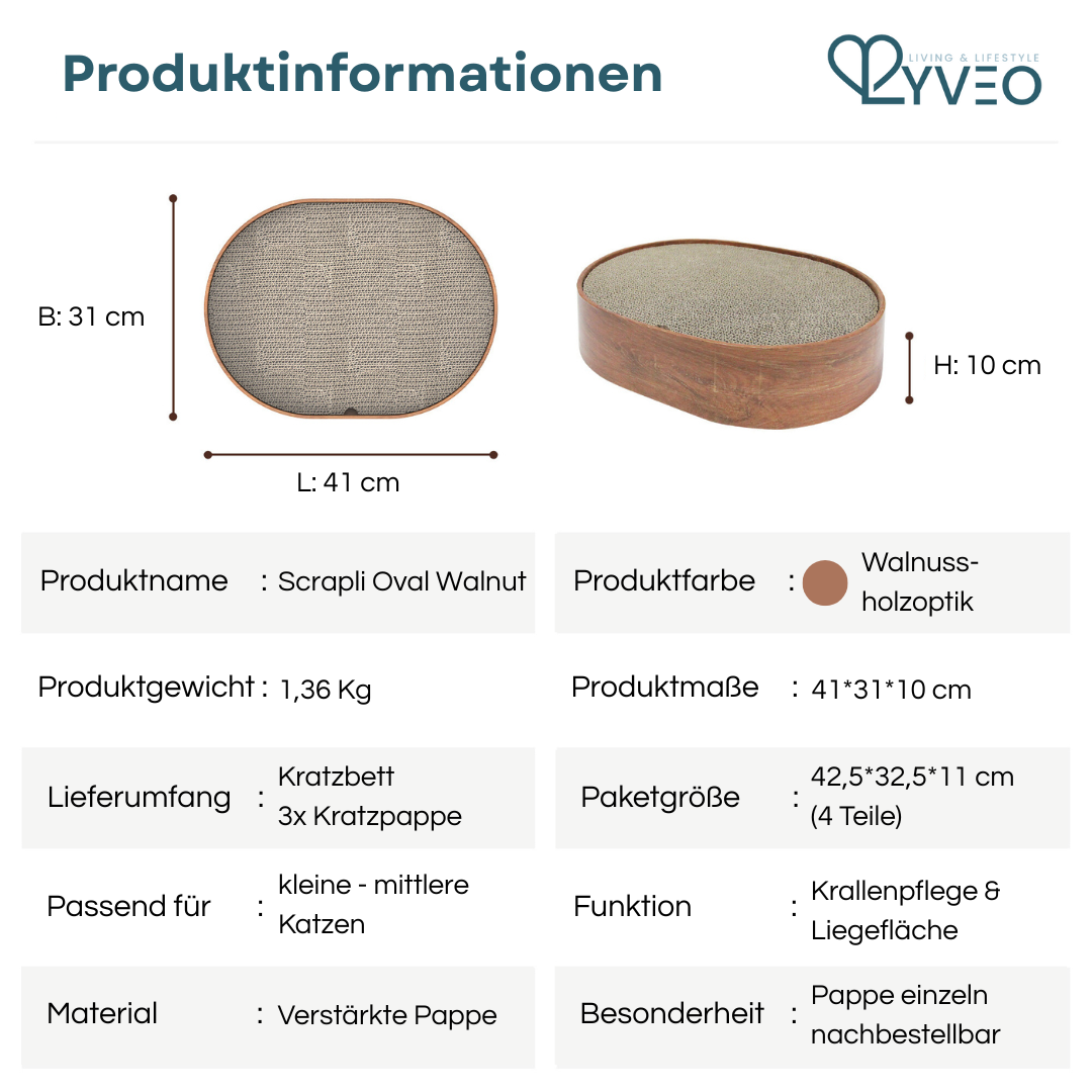 Lyveo Scrapli Oval - Holzoptik Katzen Kratzbett mit 3 Einlagen - wechselbar