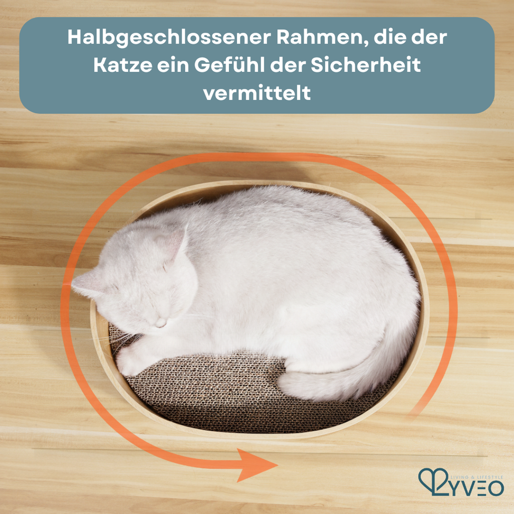 Lyveo Scrapli Oval - Holzoptik Katzen Kratzbett mit 3 Einlagen - wechselbar