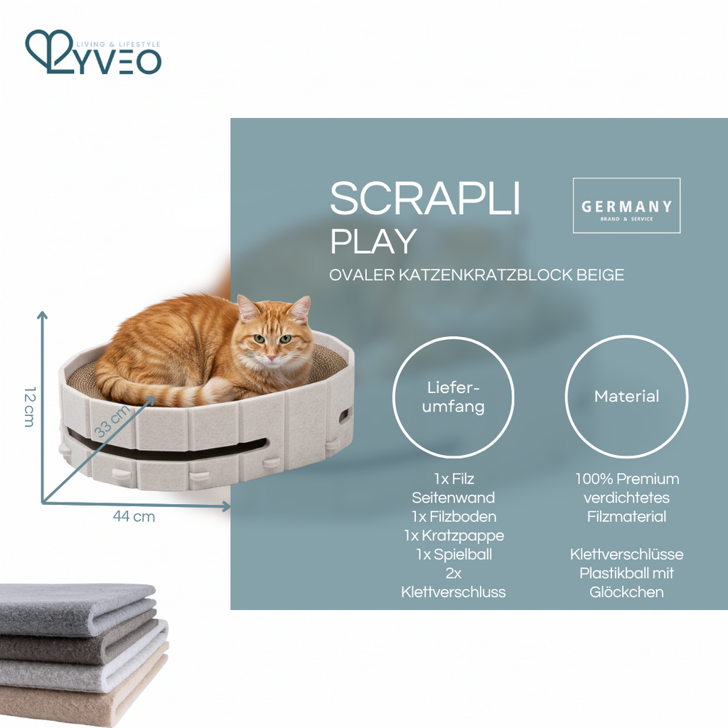 Lyveo SCRAPLI Play Oval - Ovales 3 in 1 Katzen Kratzbett mit Spielball