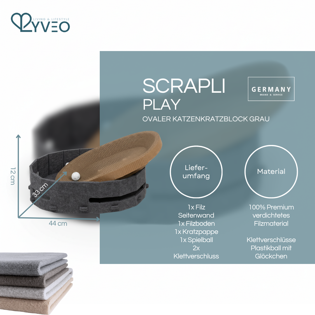 Lyveo SCRAPLI Play Oval - Ovales 3 in 1 Katzen Kratzbett mit Spielball
