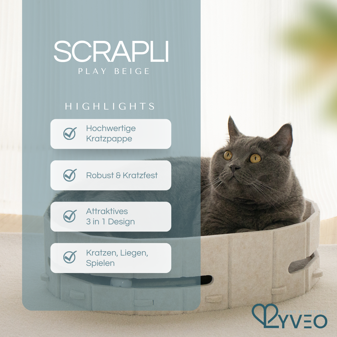 Lyveo SCRAPLI Play Oval - Ovales 3 in 1 Katzen Kratzbett mit Spielball