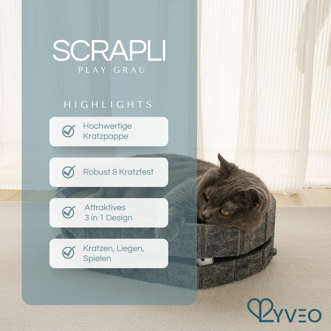 Lyveo SCRAPLI Play Oval - Ovales 3 in 1 Katzen Kratzbett mit Spielball