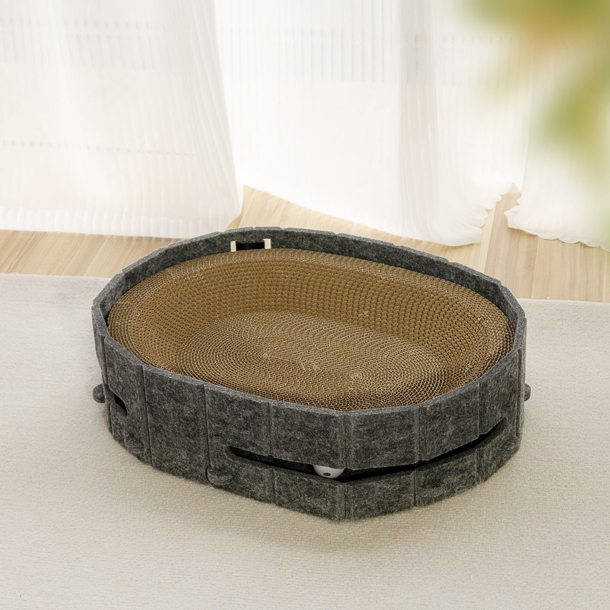 Lyveo SCRAPLI Play Oval - Ovales 3 in 1 Katzen Kratzbett mit Spielball