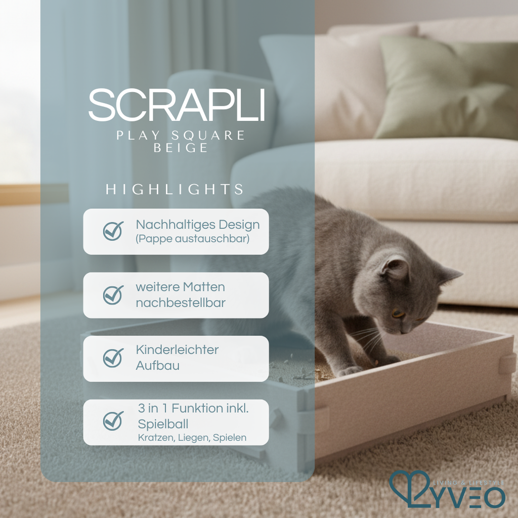 Lyveo SCRAPLI Play Square - Rechteckiges 3 in 1 Katzen Kratzbett mit Spielball
