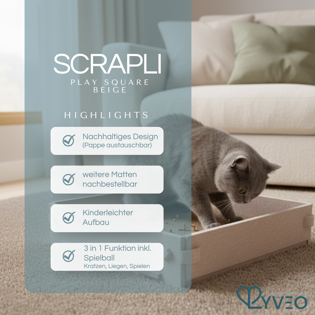 Lyveo SCRAPLI Play Square - Rechteckiges 3 in 1 Katzen Kratzbett mit Spielball
