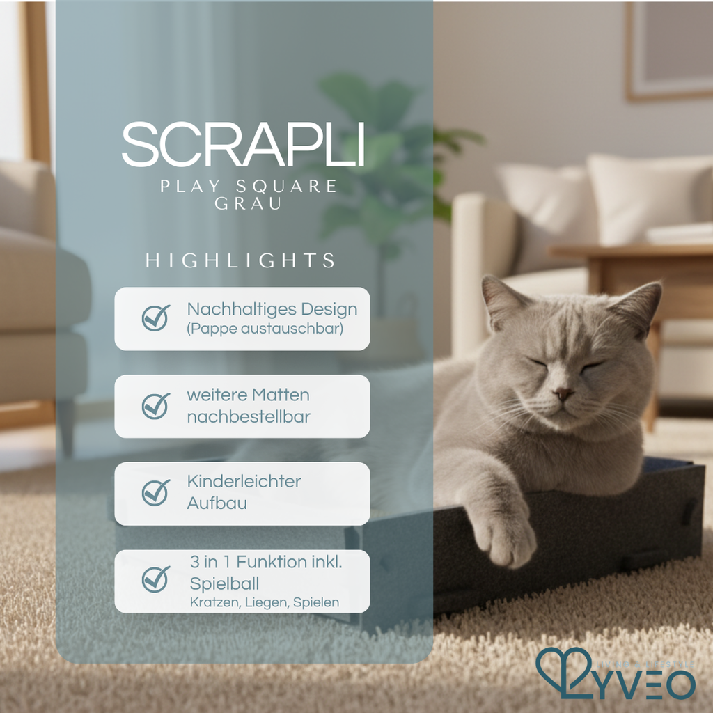 Lyveo SCRAPLI Play Square - Rechteckiges 3 in 1 Katzen Kratzbett mit Spielball