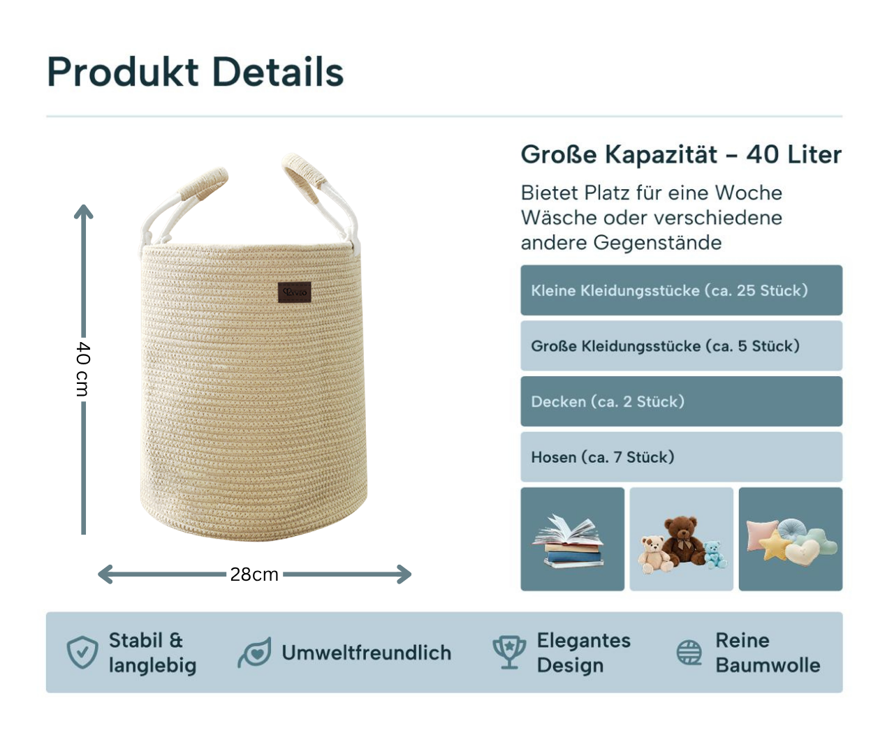 Lyveo Wäschekorb 100% Baumwolle