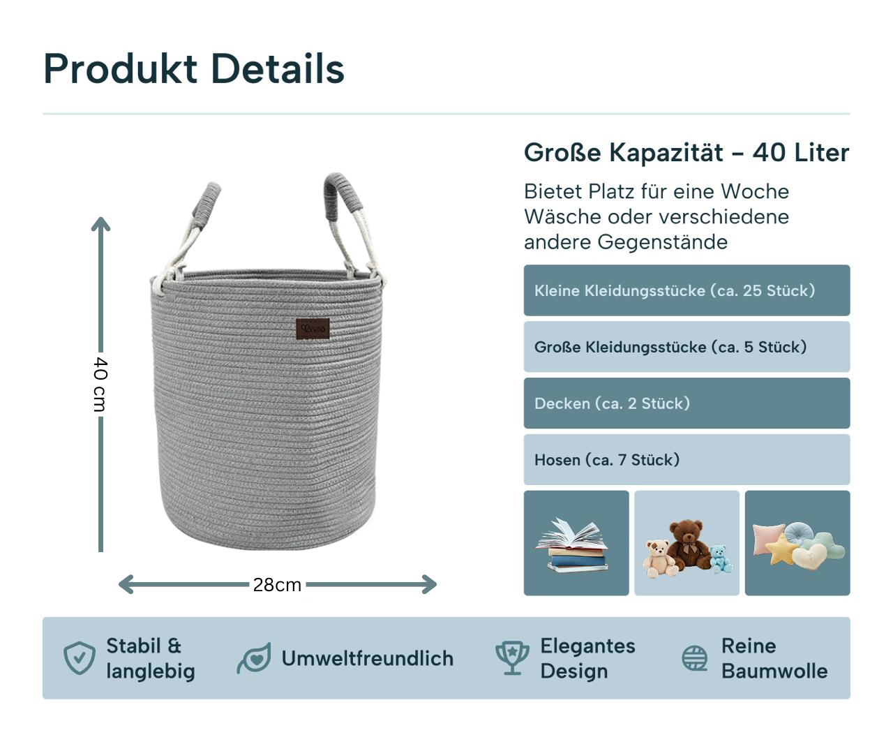 Lyveo Wäschekorb 100% Baumwolle