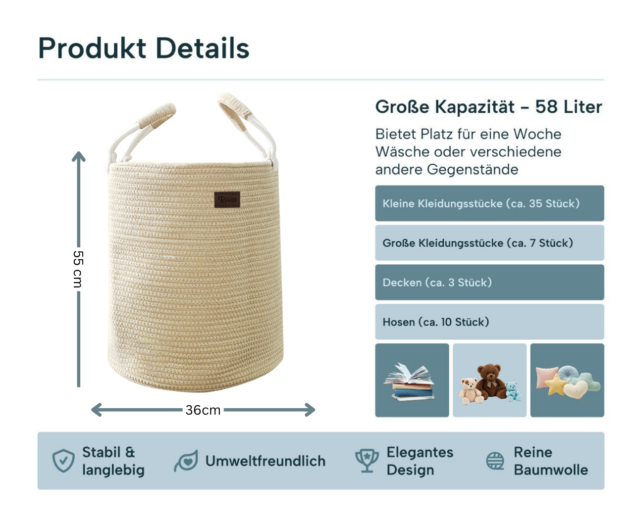 Lyveo Wäschekorb 100% Baumwolle