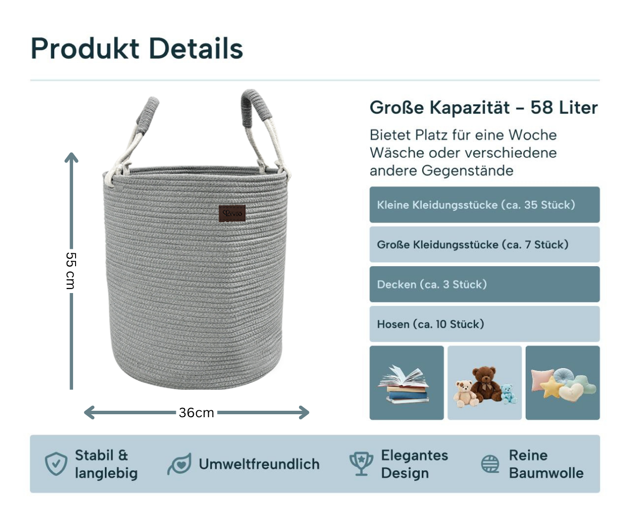 Lyveo Wäschekorb 100% Baumwolle