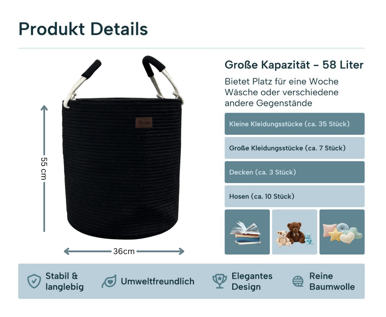 Lyveo Wäschekorb 100% Baumwolle